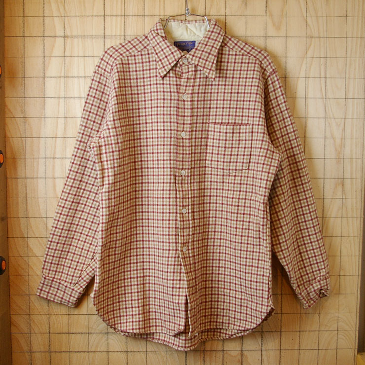 【PENDLETON】USA製70sビンテージ古着ブラウンチェックウールシャツ|サイズL|sy-l-190