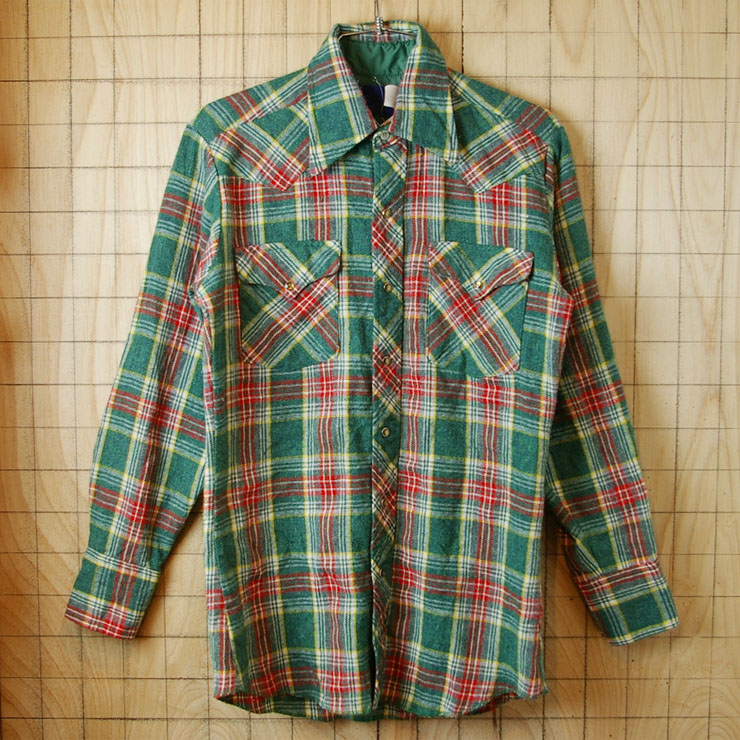 【Wrangler】80'sUSA(アメリカ)製古着グリーン(緑)×レッド(赤)チェックシャツ|sy-l-199
