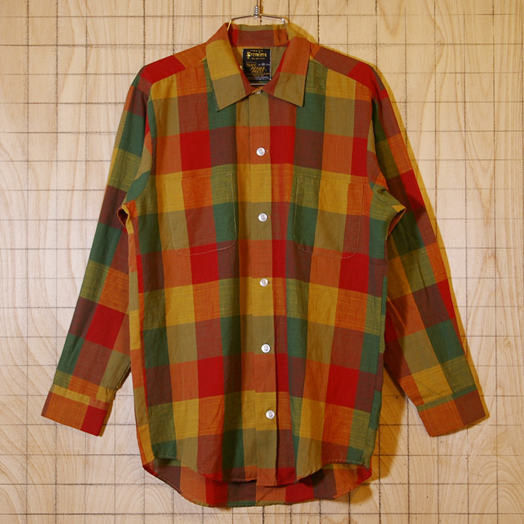 【Sears】古着レッド(赤)×グリーン(緑)×イエロー(黄)ライトフランネルボックスチェックシャツ|サイズM|