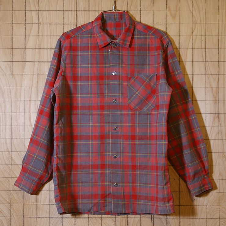 古着レッド(赤)×グレー(灰)ライトフランネルチェックボックスシャツ|サイズM相当|