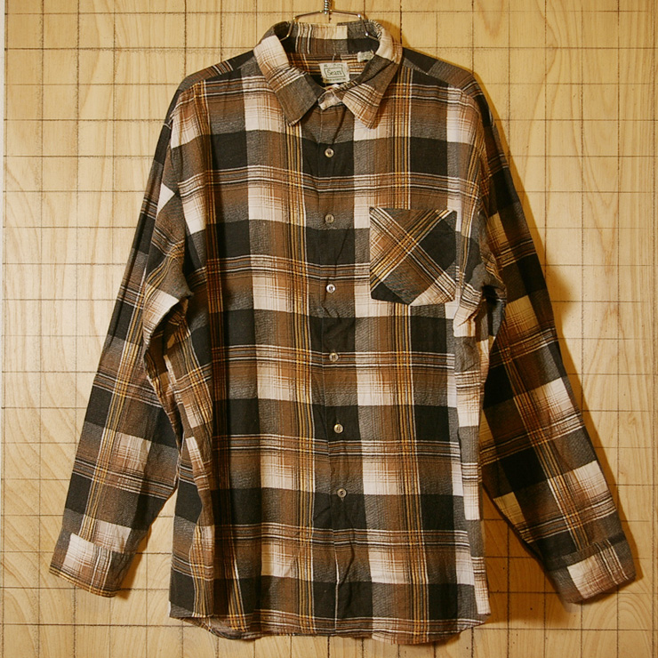 【Sears】80s古着ブラウン(茶)×オレンジコットン100%チェックシャツ|サイズXL|ビッグサイズ