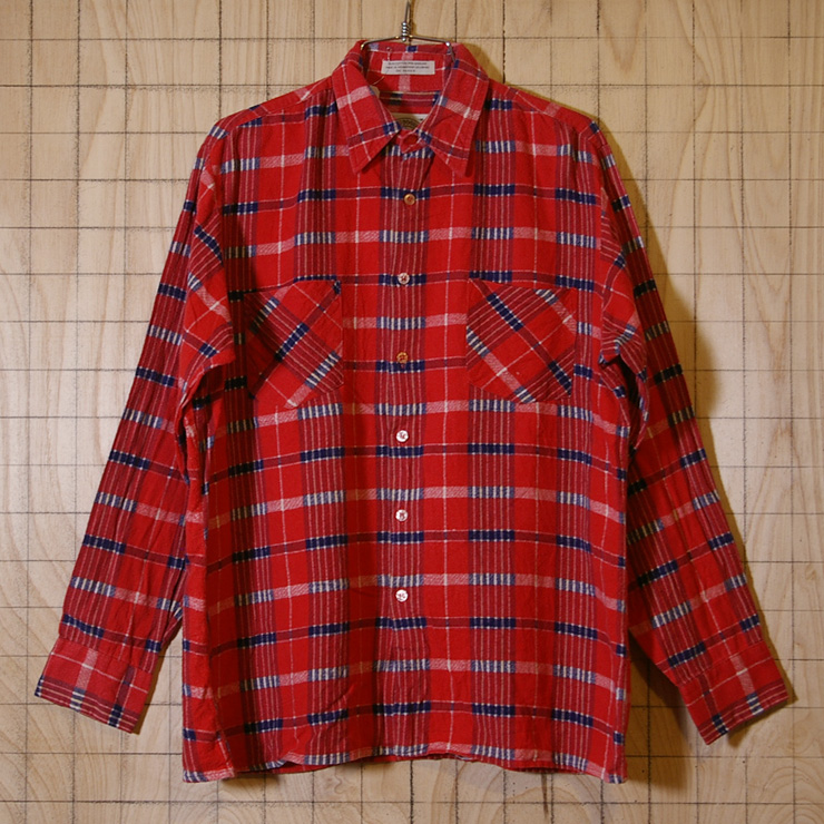 【SAUGATUCK】80s古着レッド(赤)×ネイビー(紺)コットンチェックボックスシャツ|サイズM|