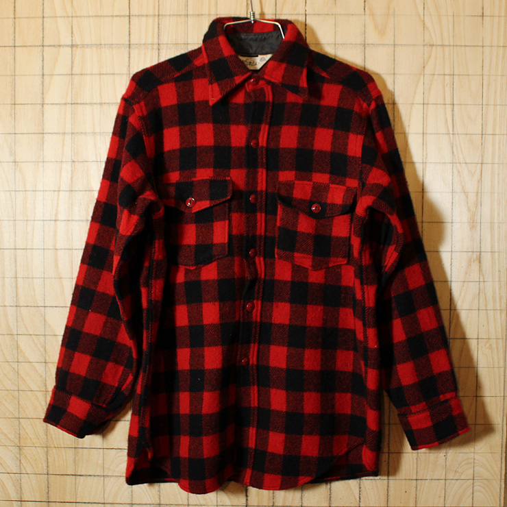 【woolrich】USA製70sビンテージ古着レッド×ブラックブロックチェックウールシャツ|メンズM|バッファローチェック|sy-l-241