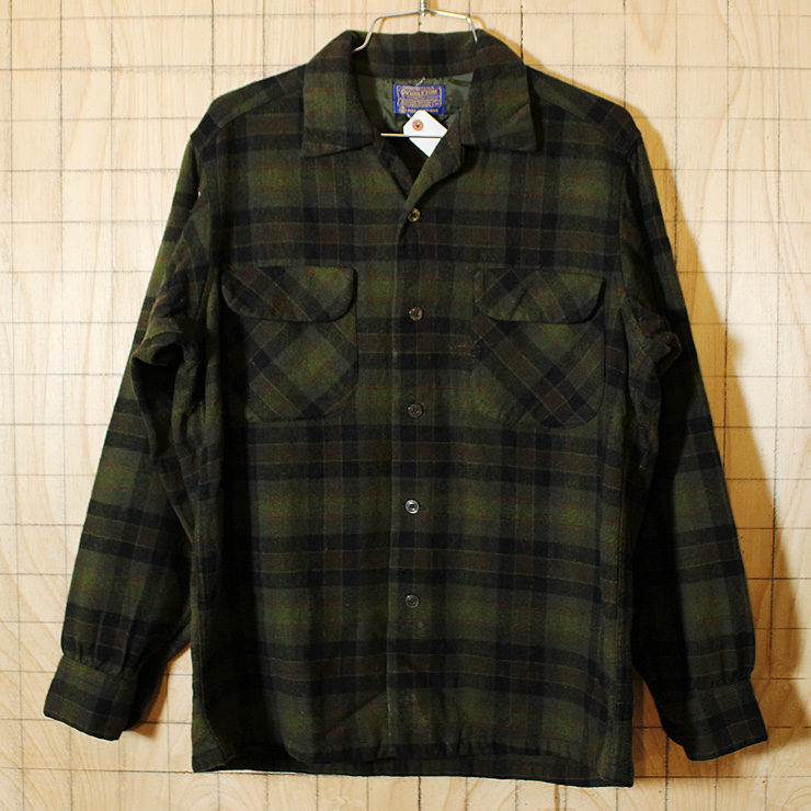 【pendleton】USA製60sビンテージ古着グリーン×ブラックウールチェックボックスシャツ|メンズM|sy-l-243