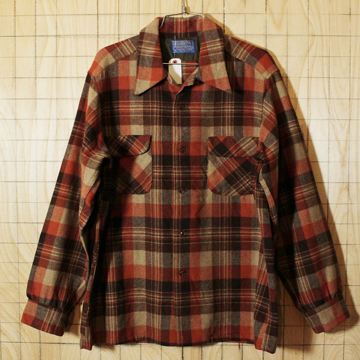 【pendleton】USA製70sビンテージ古着レッド×ブラウンウールボックスシャツ|メンズL|sy-l-247