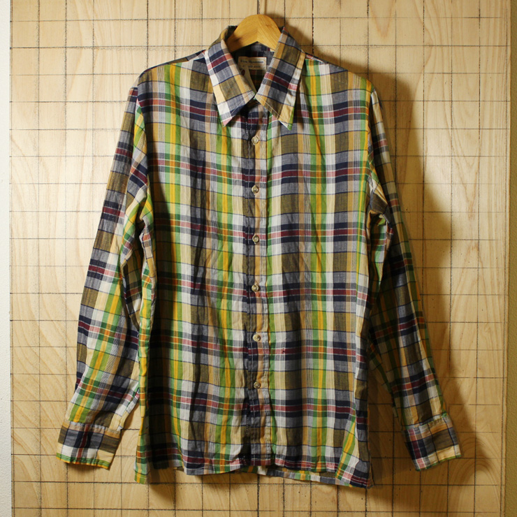 BonHomme/70sUSA製古着グリーン×ネイビー×レッドライトフランネルチェックシャツ/メンズXLサイズ