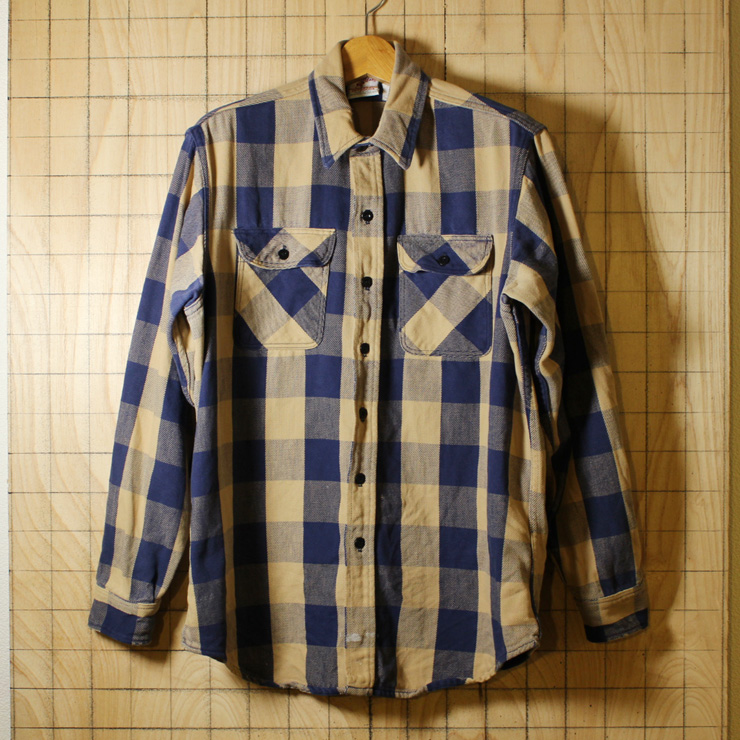 Prentiss プレンティス/80sUSA製古着ベージュ×ブルーブロックチェックヘビーネルシャツ/メンズLサイズ