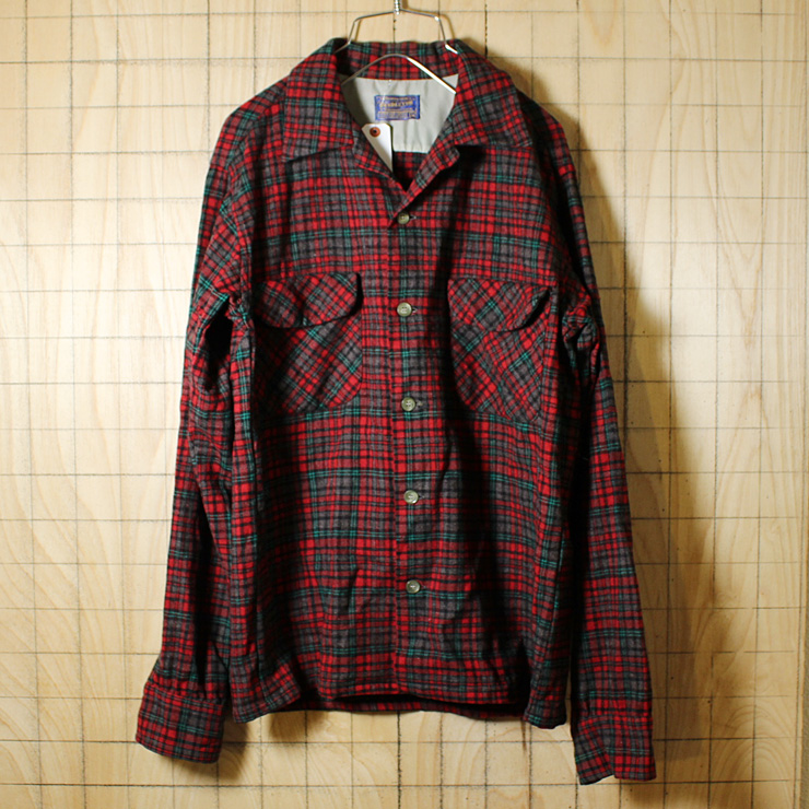 PENDLETON/USA製40s-50sビンテージ古着/レッドチェック/ウール開襟シャツ/メンズM