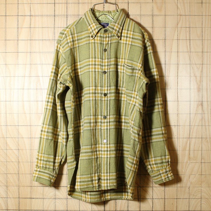 PENDLETON/USA製60sビンテージ古着/ライトグリーンチェック/ウールボタンダウンシャツ/メンズM