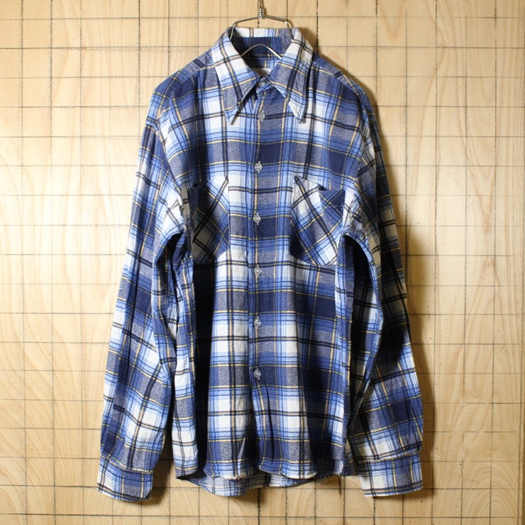 Searsシアーズ/70s古着/ブルー×ホワイト×イエロー/チェックネルシャツ/L