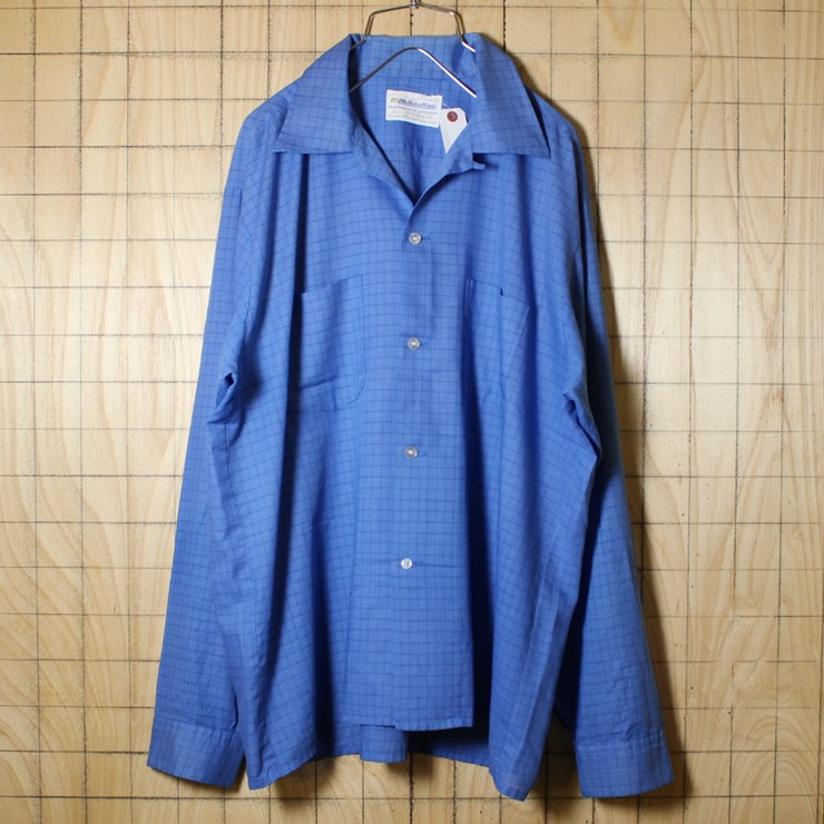 USA製 70s ビンテージ古着 ライトフランネル オープンカラー チェックボックスシャツ メンズL Manhattan
