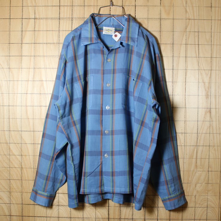 JAPAN製 60s ビンテージ古着 オープンカラー ボックスチェックシャツ ブルー ライトフランネル メンズL