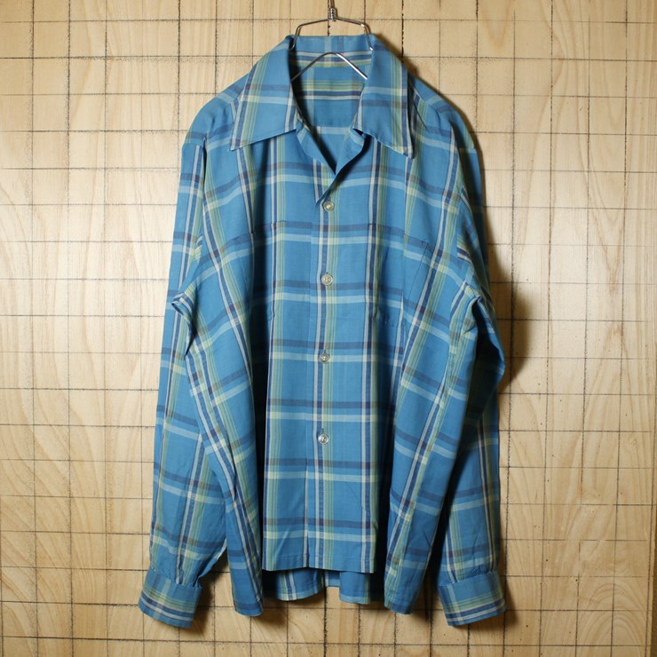 USA製 60s 70s ビンテージ古着 ライトフランネル オープンカラー ボックスチェックシャツ メンズM相当