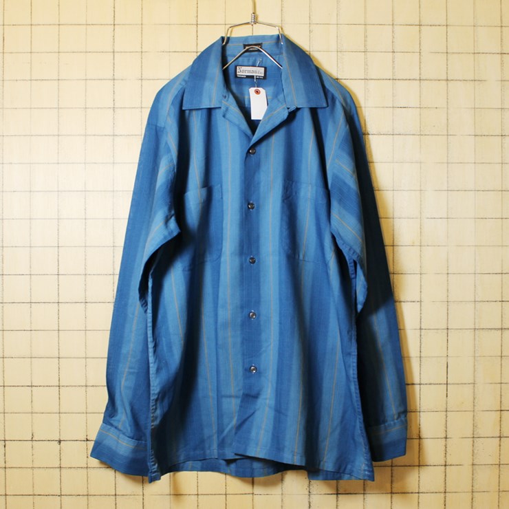 60s ビンテージ 開襟 ストライプ ボックスシャツ USA製 古着 ブルー オープンカラー メンズM Norman