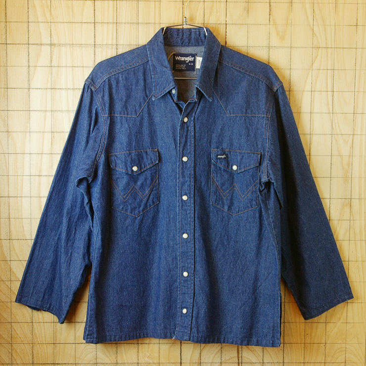 USA製ラングラー古着ブルー(青)長袖ウエスタン・ダンガリーデニムボックスシャツ【Wrangler】