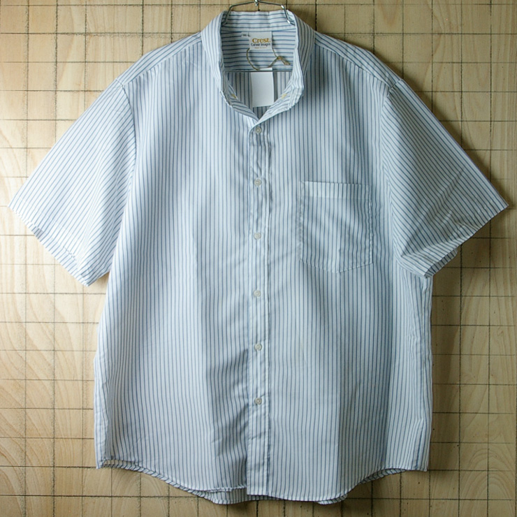 古着USA(アメリカ)製ストライプ青×白(ライトブルー×ホワイト)半袖ボタンダウンシャツ【Crest】