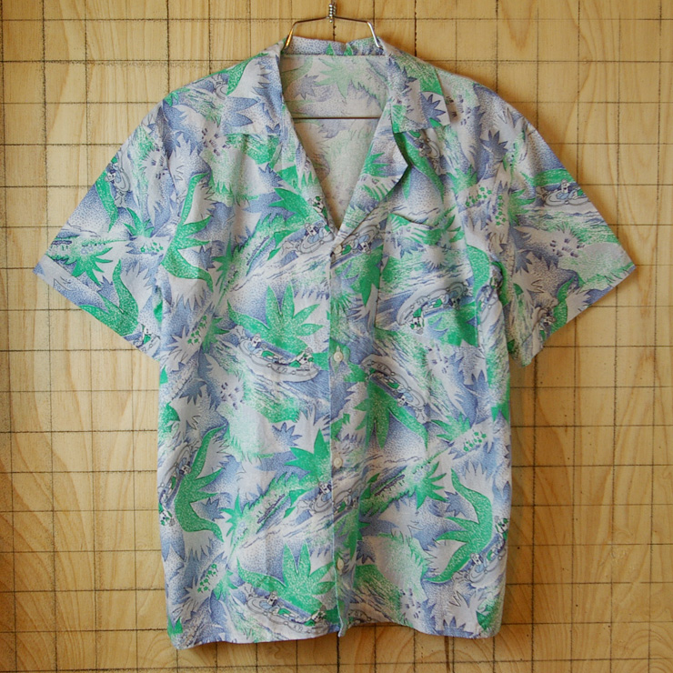 古着釣り人総柄ホワイト・グリーン(白・緑)ハワイアン・アロハ半袖開襟シャツ
