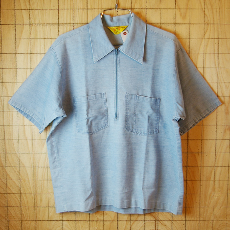 【BEN DAVIS】古着ブルー(青)ハーフジップ半袖プルオーバーワークシャツ|メンズM|sy-s-116