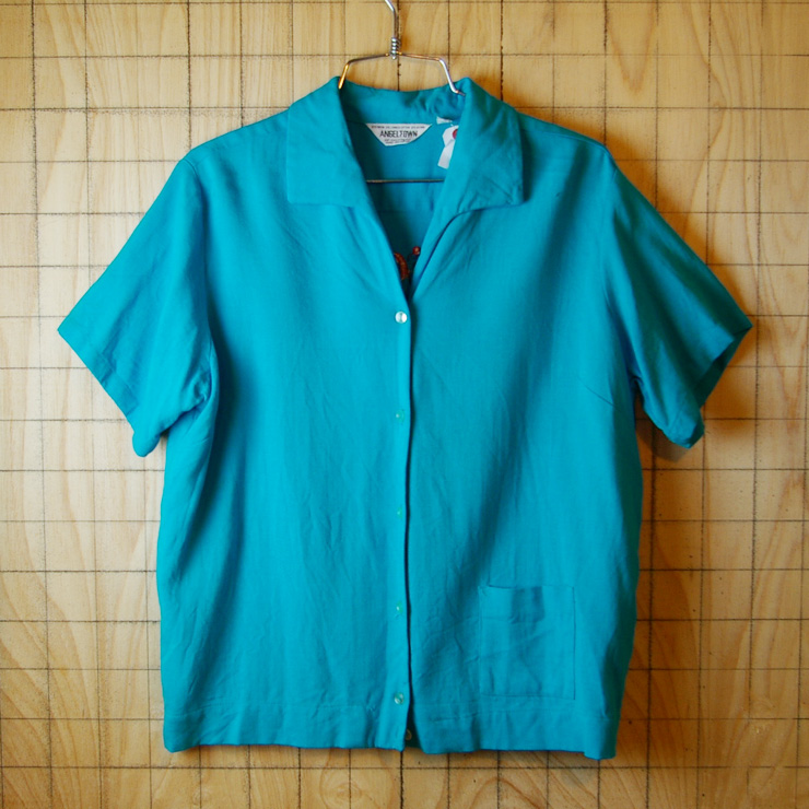 【ANGELTOWN】60sUSA製古着ブルー半袖Bernice Hallcraft leurgチェーンステッチレーヨンボーリングシャツ|サイズ40|sy-s-118