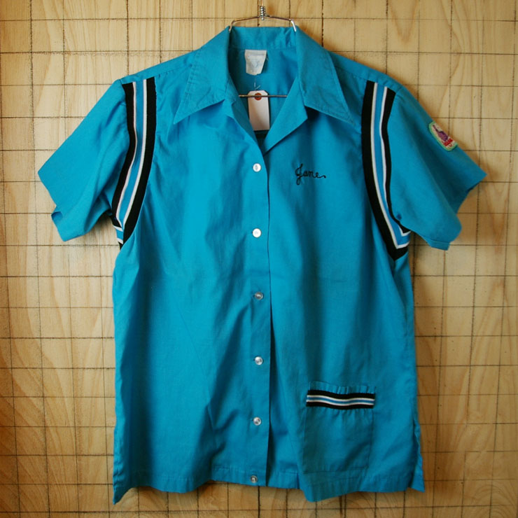 【Hilton】90's古着USA(アメリカ)製半袖ターコイズブルー×ブラック(青×黒)BAILEYSボーリングシャツ(ヒルトン)