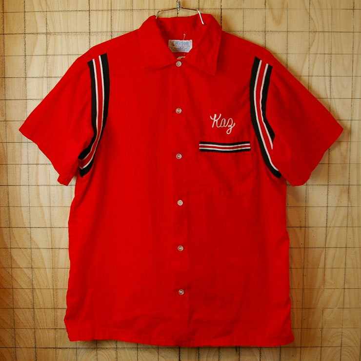 【Hilton】70'sビンテージ古着USA(アメリカ)製ボーリングシャツ半袖レッド(赤)RE/MAX SOUTH,INK.751-7100ヒルトン