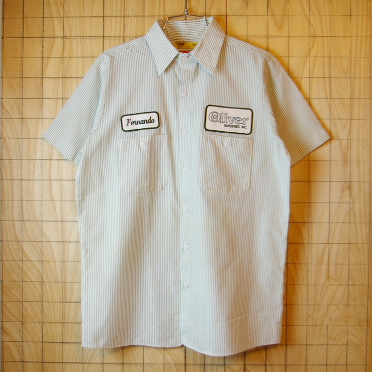 【UniFirst】古着USA製グリーン×ホワイト(緑×白)ストライプ半袖ワークシャツ|メンズM-SSサイズ