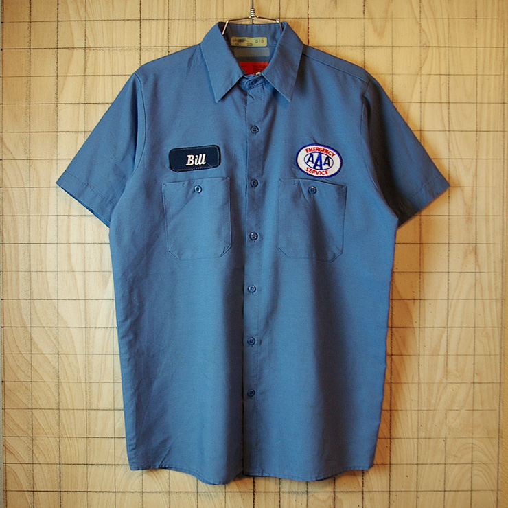 【UniFirst】古着USA製ブルーグレーEMERGENCY SERVICE半袖ワークシャツ(青灰)|メンズMサイズ