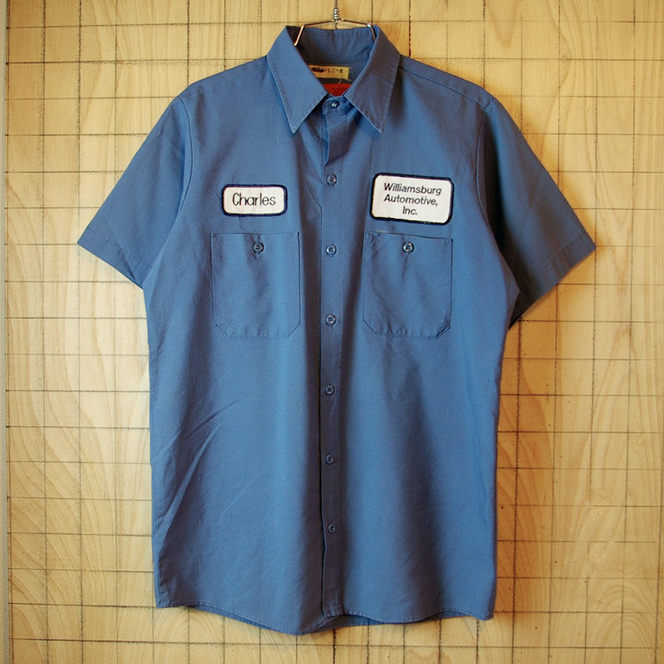 【UniFirst】古着USA製ブルーグレーCharles Williamsburg Automotive,Inc半袖ワークシャツ(青灰)|メンズMサイズ