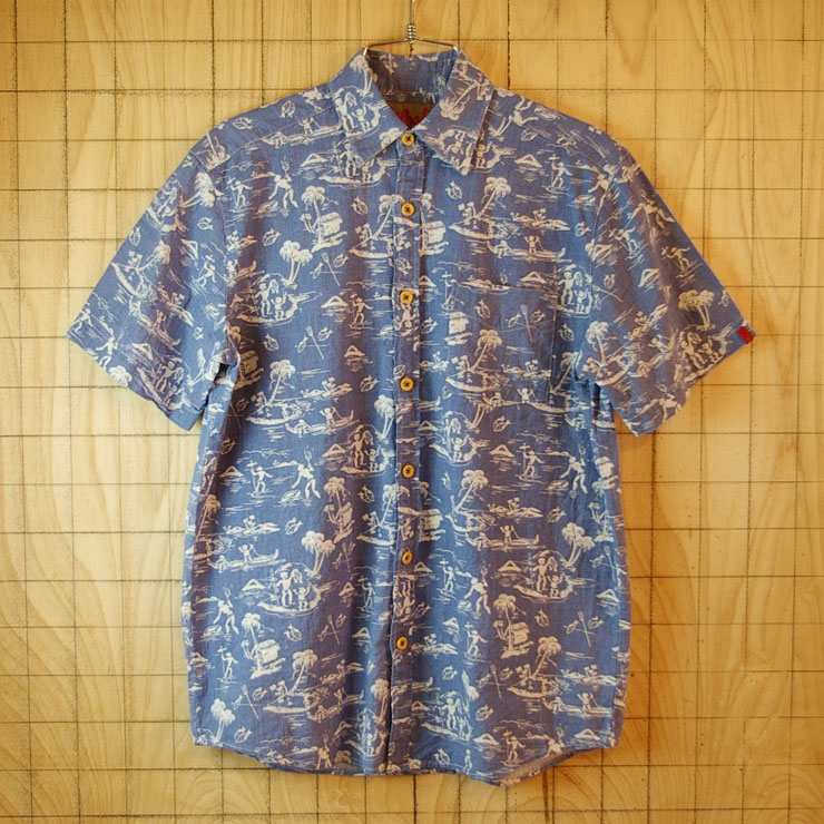 【Lost】古着ブルーハワイ風景総柄ハワイアン・アロハ半袖コットンシャツ|メンズS