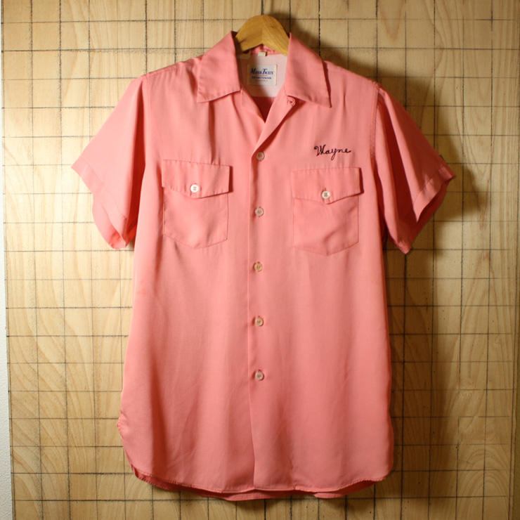 MARK TWAIN/50sUSA製ビンテージ古着ピンクチェーンステッチレーヨンボーリングシャツ・半袖シャツ/メンズSサイズ/マチ付き