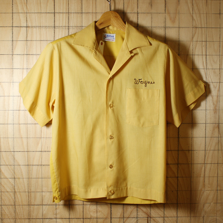 Hilton/60sUSA製ビンテージ古着 イエローストライプ フロッキープリント ボーリングシャツ・半袖シャツ/メンズSサイズ