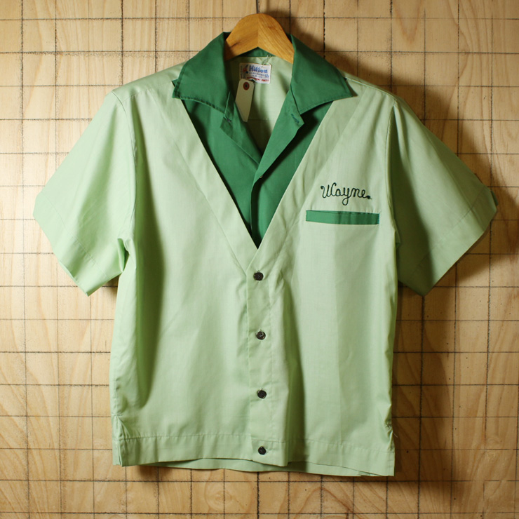 Hilton/60sUSA製ビンテージ古着 グリーン×ライトグリーン フロッキープリント ボーリングシャツ・半袖シャツ/メンズSサイズ
