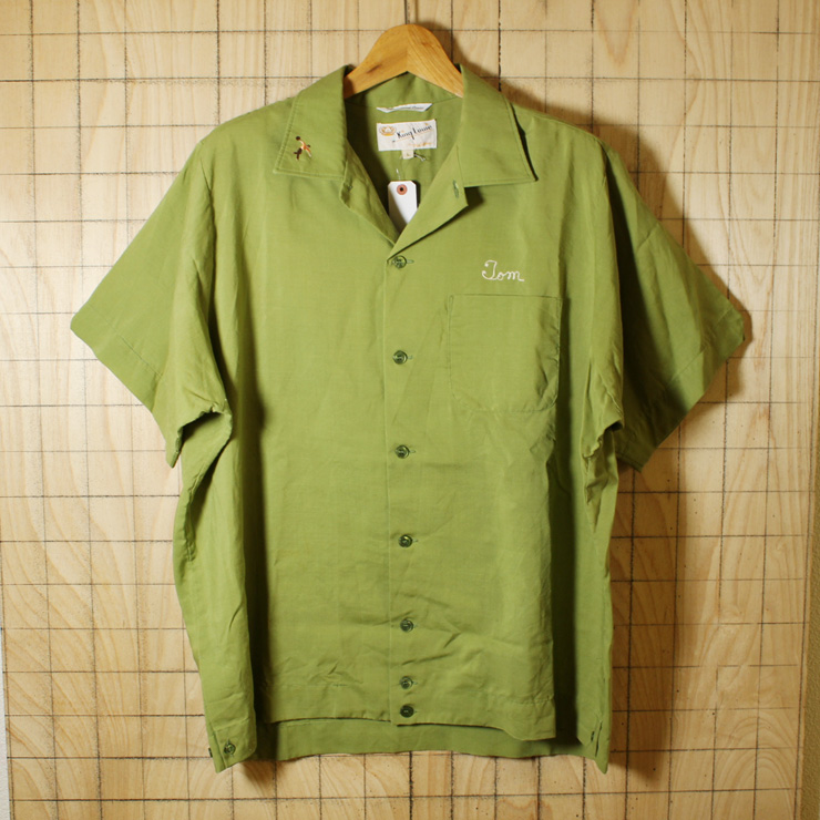 King Louie Holiday/60sUSA製ビンテージ古着ライトグリーンフロッキープリントボウリングシャツ・半袖シャツ/メンズLサイズ