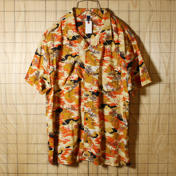 H&M DIVIDED/古着/オレンジ・ハワイ風景総柄/半袖コットンアロハ・ハワイアンシャツ/メンズL
