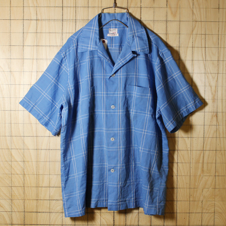 Soriano by Enro/USA製50sビンテージ古着/ブルー×ホワイト/半袖ボックスチェックシャツ/メンズL