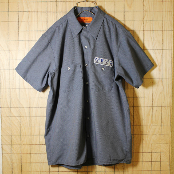 GCA/古着/グレー・チェック/MEMCワッペン半袖ワークシャツ/メンズL
