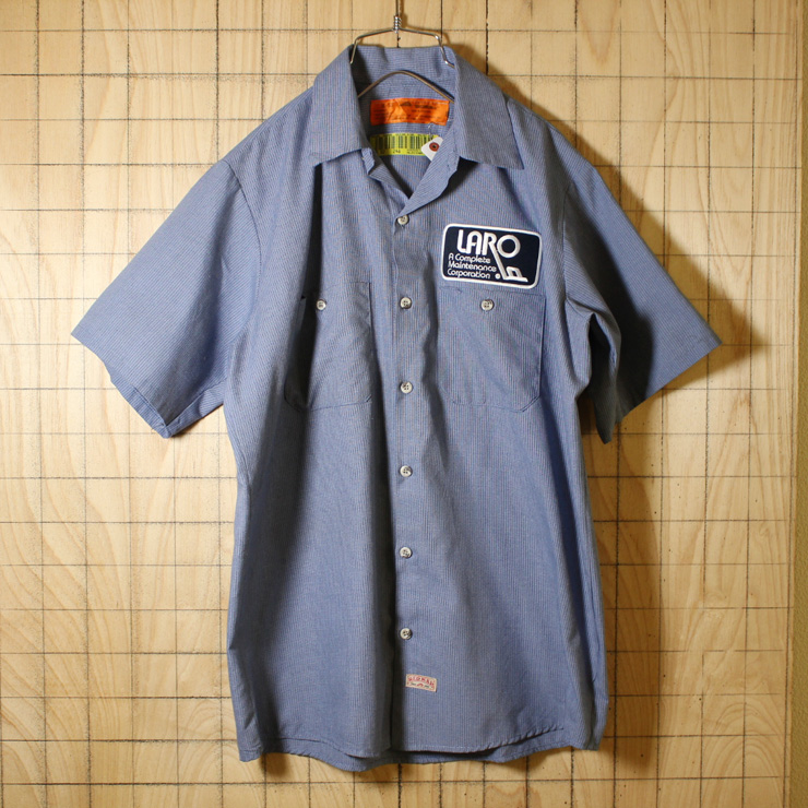 REDKAPレッドキャップ/古着/ブルー・チェック/LAROワッペン半袖ワークシャツ/メンズM
