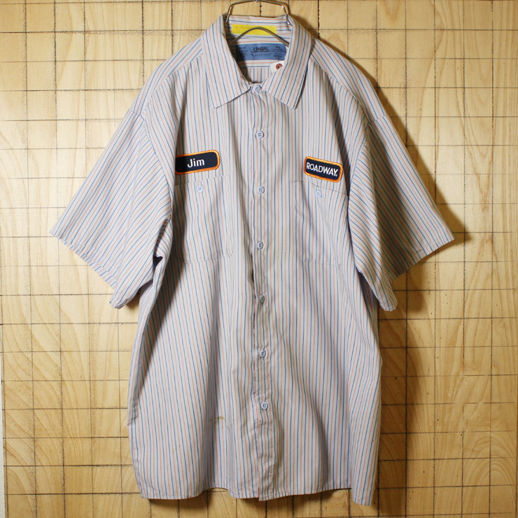 CiNTAS/USA製古着/グレー×ブルー×オレンジ・ストライプ/ROADWAYワッペン半袖ワークシャツ/メンズXL/ビッグサイズ