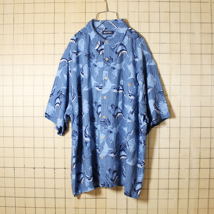 古着 アロハ ハワイアン ボックス レーヨン シャツ 半袖 カジキマグロ 総柄 ブルー メンズXL ビッグサイズ puritan ピューリタン