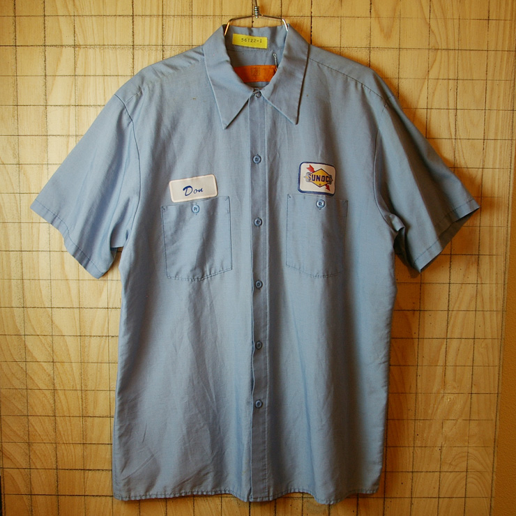 【REED】古着USA製ブルーSUNOCO半袖ワッペンワークシャツ|メンズL|sy-s-24