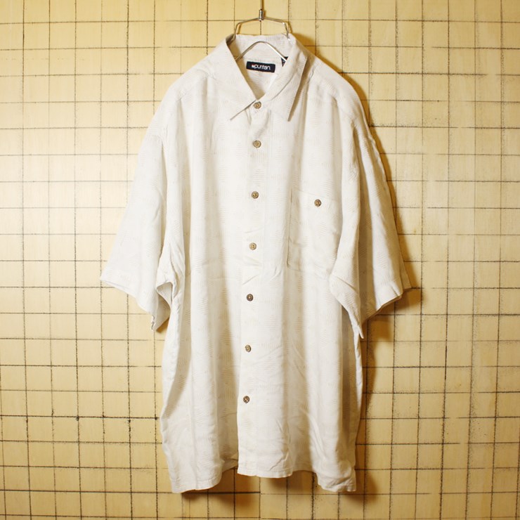 80s 古着 幾何学模様 総柄 レーヨン ボックスシャツ 半袖 ホワイト メンズXL ビッグサイズ puritan ピューリタン
