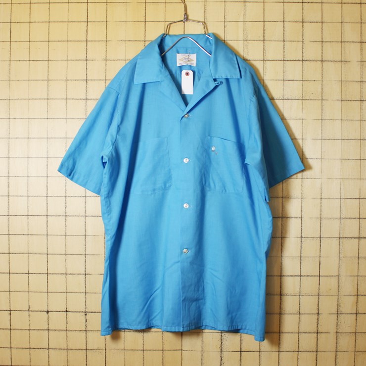 60s ビンテージ ボックス シャツ 無地 開襟 半袖 USA製 古着 ブルー メンズM ワンポイント オープンカラー ARROW アロー