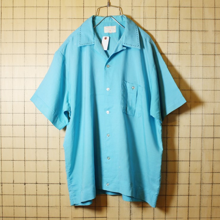 50s ビンテージ ボックス ボウリング シャツ 開襟 半袖 USA製 古着 ライトブルー メンズL オープンカラー Service Bowling Shirt