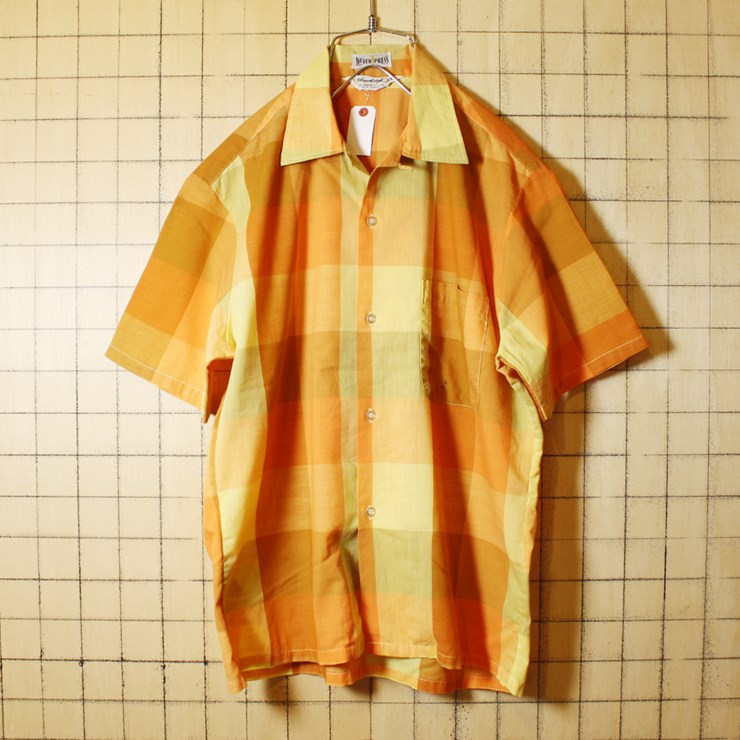 60s ビンテージ 開襟 チェック 半袖 ボックスシャツ USA製 古着 オレンジ オープンカラー メンズM Pennleigh