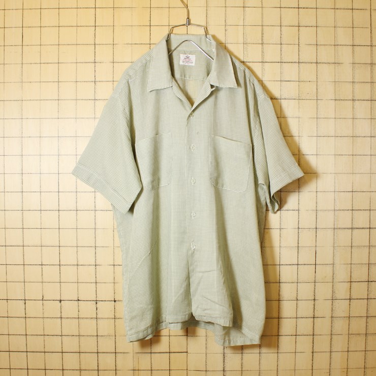 60s ビンテージ ボックス ギンガムチェック シャツ 開襟 半袖 古着 ライトグリーン メンズL オープンカラー DONEGAL