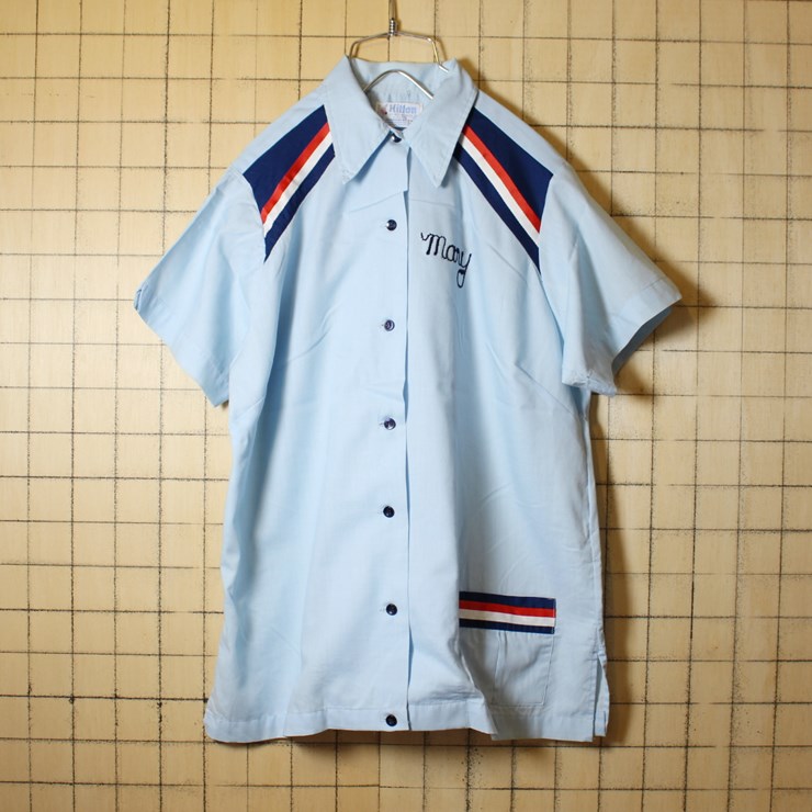 古着 70s 80s USA製 Hilton ヒルトン ボウリングシャツ チェーンステッチ 半袖 バックプリント ライトブルー メンズM