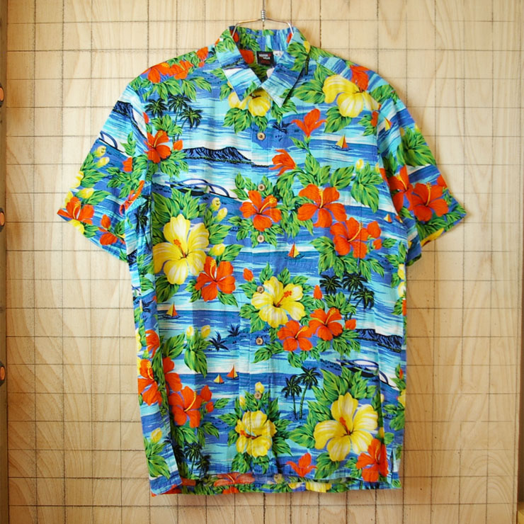【SQUISH WEAR】古着ブルーハイビスカス花柄ハワイアン・アロハ半袖コットンシャツ|メンズM