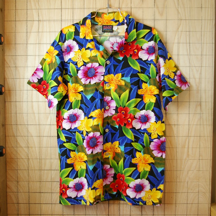 【KRAZY】USA製古着ブラック花柄総柄ハワイアン・アロハ半袖コットンシャツ|メンズS/Mサイズ