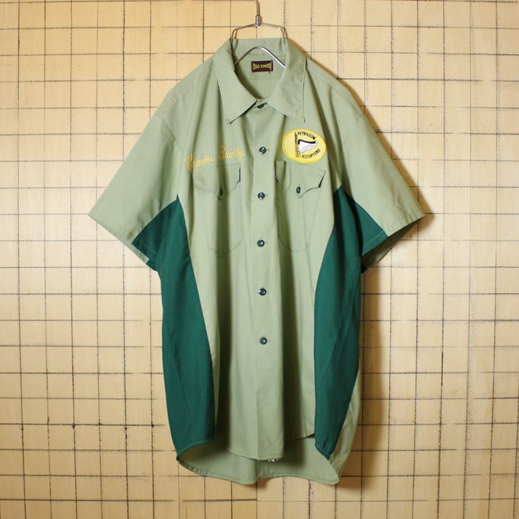 リメイク古着 50s 60s USA製 BIG SMITH ワーク シャツ ワッペン 刺繍 半袖 ライトグリーン メンズL相当 ビッグスミス