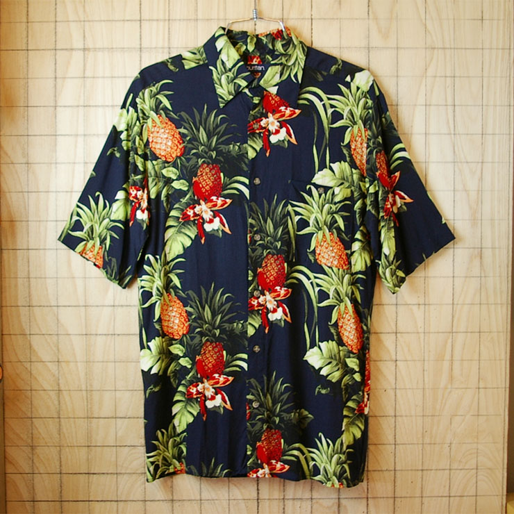 【puritan】古着ブラックパイナップル・花柄総柄ハワイアン・アロハ半袖レーヨンシャツ|メンズSサイズ
